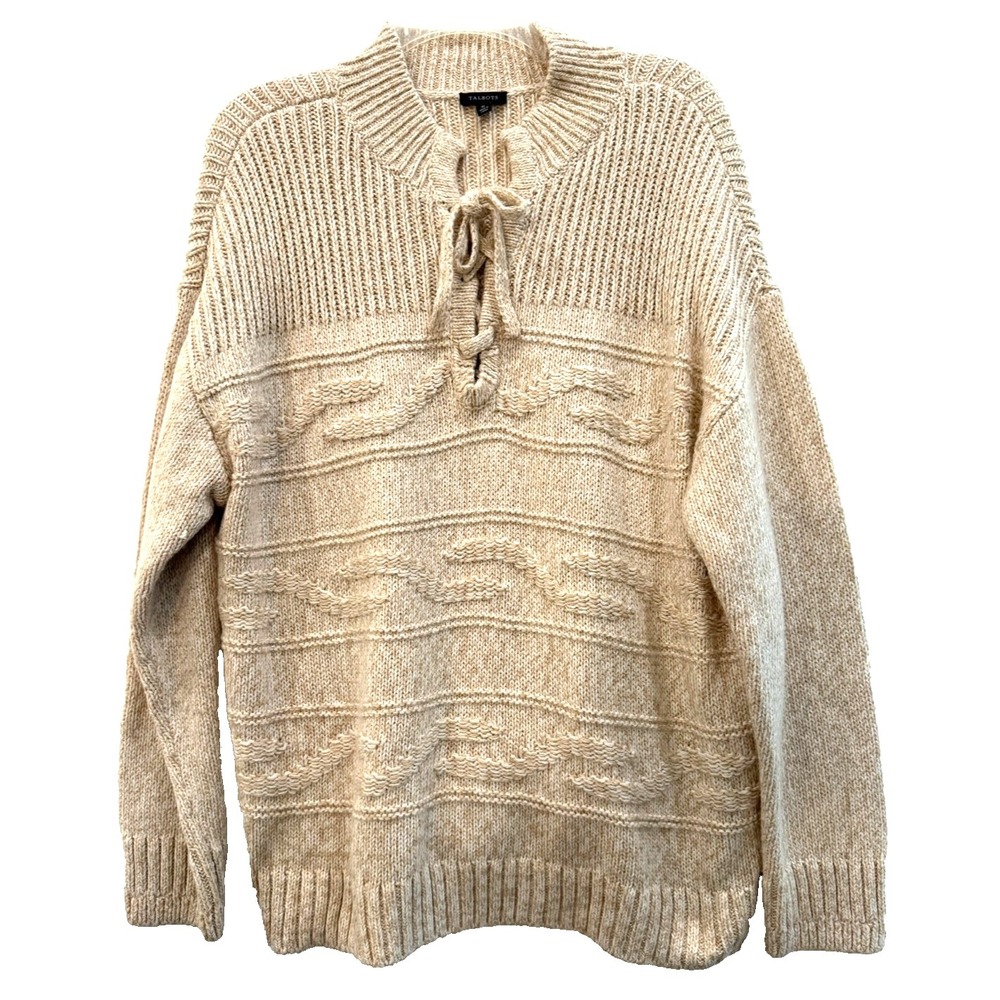 Talbots Size XL Soft Cotton Blend Cable Knit Lace Up Sweater